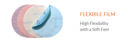 Flexible abrasive film discs and sheets ideal for contour and concave surface sanding, ensuring fast cutting and fine finishing.