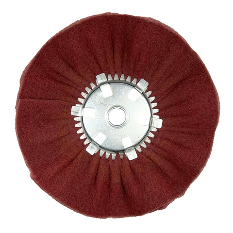 14 Satin Buffing Wheel on a polishing machine, ideal for metal surface restoration and shine.