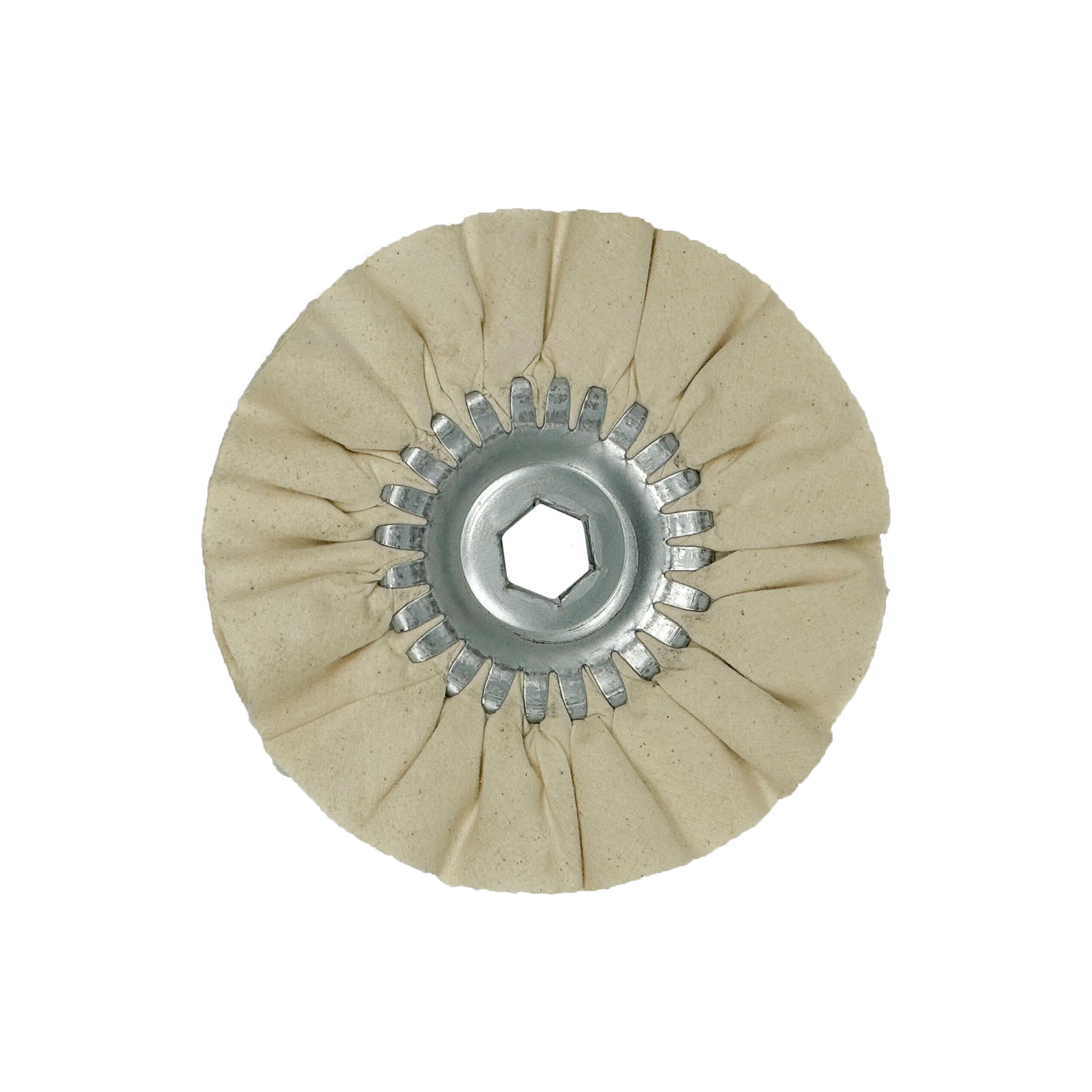 Alt text: 6-inch Mini Airway Buffing Wheels designed for detailed metal polishing with variable speed grinders, shown with safety flanges.