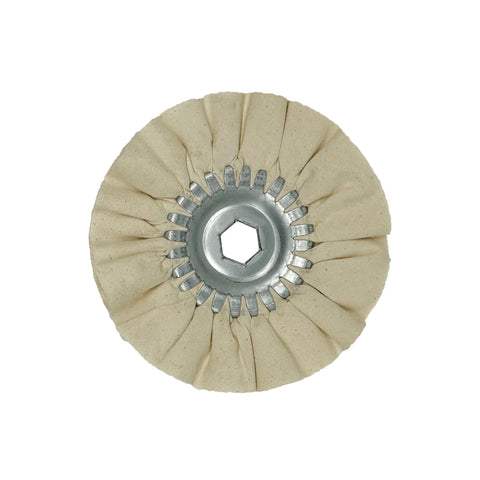 Alt text: 6-inch Mini Airway Buffing Wheels designed for detailed metal polishing with variable speed grinders, shown with safety flanges.