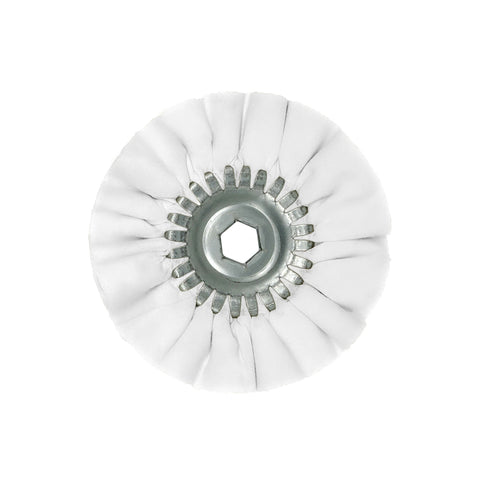 Stack of three 6-inch Mini Airway Buffing Wheels, each designed for different metal polishing stages, displayed on a clean surface.