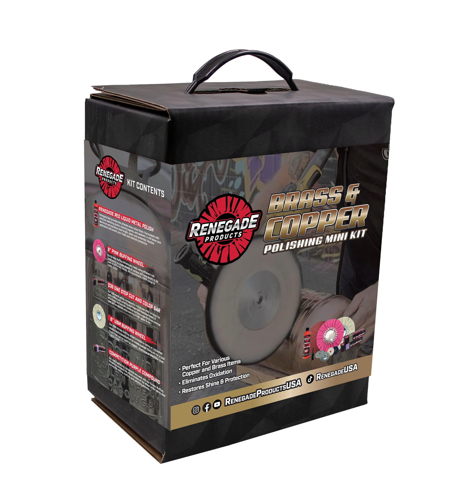 Renegade Brass & Copper Polishing Mini Kit with buffing wheels, polishing compounds, and accessories for metal restoration.