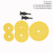 Alt text: Assorted Mini Buffing Wheels with 1/2 Arbor Hole, in yellow mill treat and untreated muslin, in various diameters and ply counts.