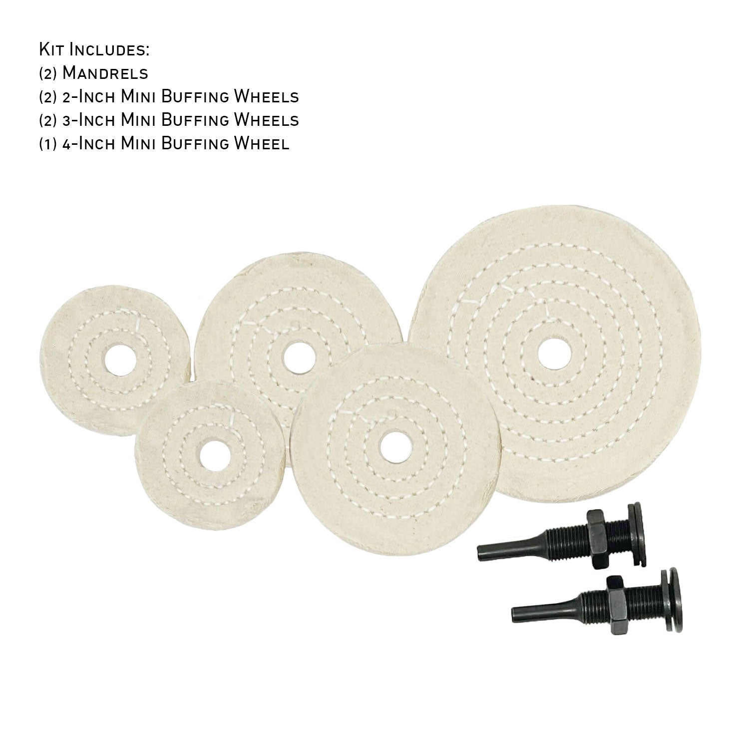Assorted mini buffing wheels in yellow mill treat and untreated varieties, showing different sizes and ply counts.
