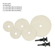 Assorted mini buffing wheels in yellow mill treat and untreated varieties, showing different sizes and ply counts.