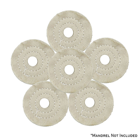 Assorted mini buffing wheels in yellow mill treat and untreated options, showing various sizes and ply counts for polishing.