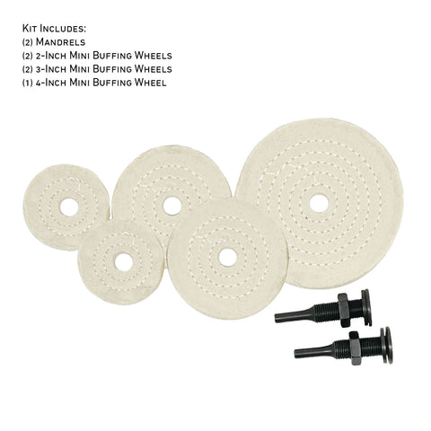 Alt text: Assorted mini buffing wheels with 1/2 arbor hole in yellow mill treat and untreated varieties, displayed with varying diameters and ply counts.