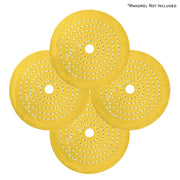 Assorted mini buffing wheels in yellow mill treat and untreated types, ranging from 2 to 4 inches for detailed polishing tasks.
