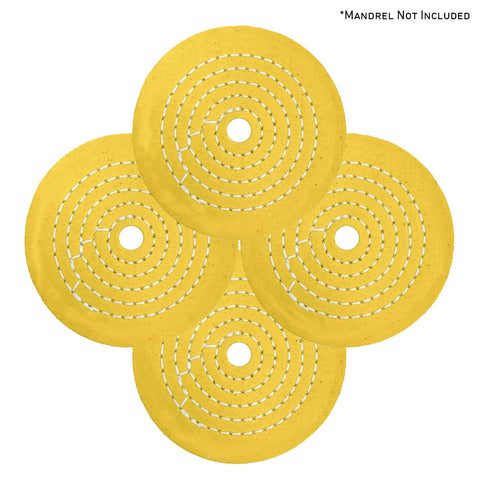 Assorted mini buffing wheels in yellow mill treat and untreated types, ranging from 2 to 4 inches for detailed polishing tasks.