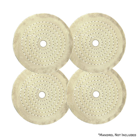 Assorted mini buffing wheels in yellow mill treat and untreated varieties, displaying different sizes and ply counts.
