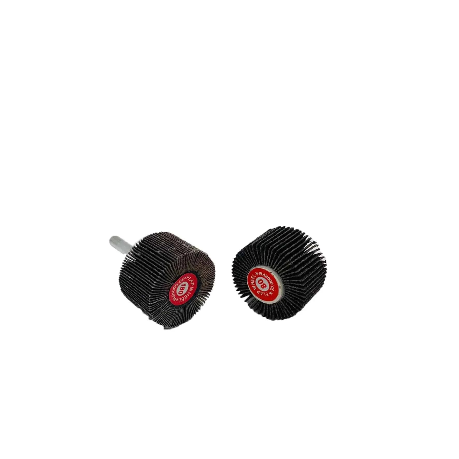 Alt text: Pack of 10 mounted flap wheels, 3 x 2, made of aluminum oxide, ideal for detailed grinding.