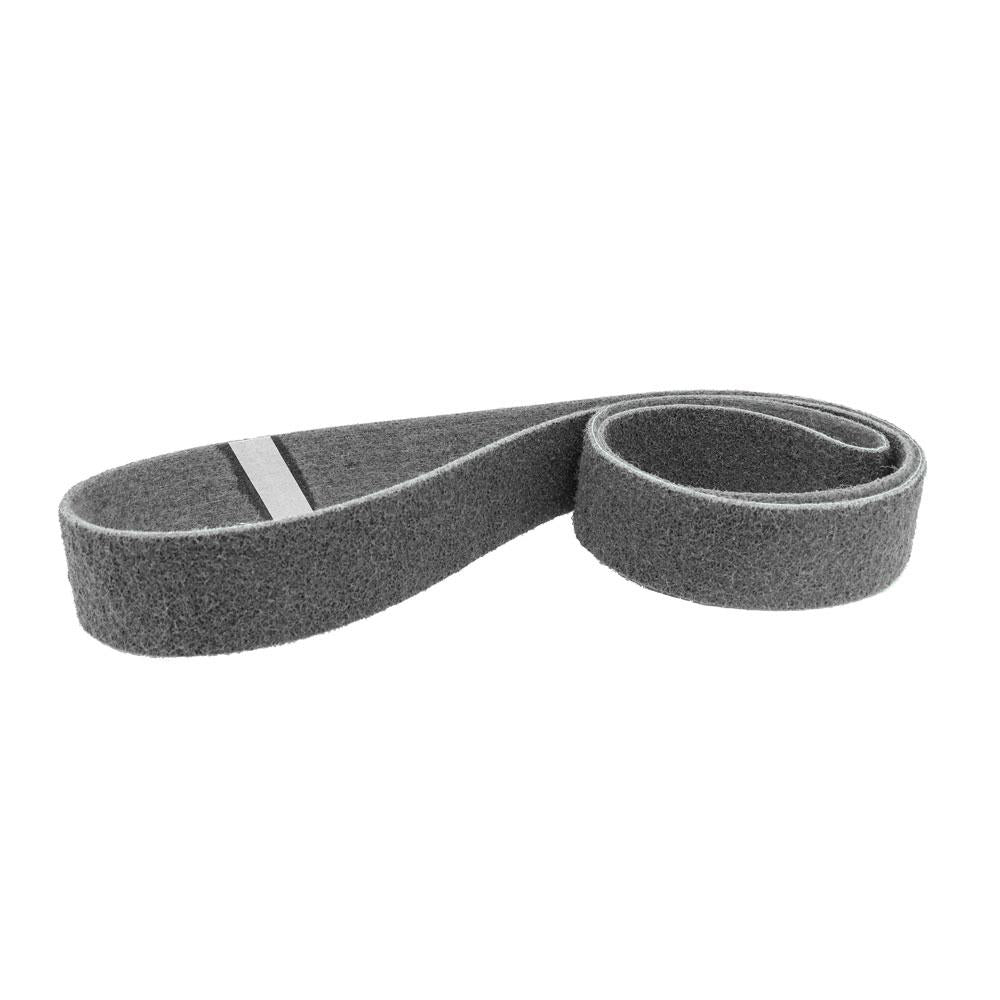 Assorted 2 x 72 non-woven surface conditioning belts in brown, maroon, blue, and grey for metal finishing.