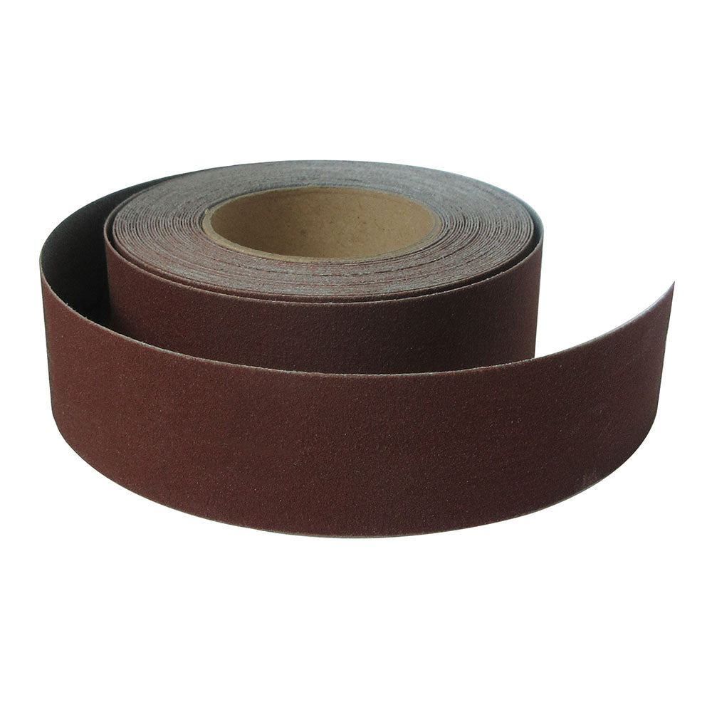 Continuous abrasive drum sander roll, 25 yards long, suitable for various drum sizes, ideal for woodworking and metalworking.