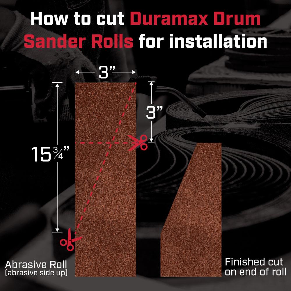 Alt text: Heavy duty drum sander roll with hook and loop Velcro backing, suitable for various drum sizes.