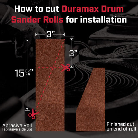 Alt text: Heavy duty drum sander roll with hook and loop Velcro backing, suitable for various drum sizes.