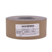 50-foot drum sander roll with durable hook and loop backing by Maverick Abrasives, ideal for woodworking and metalworking.