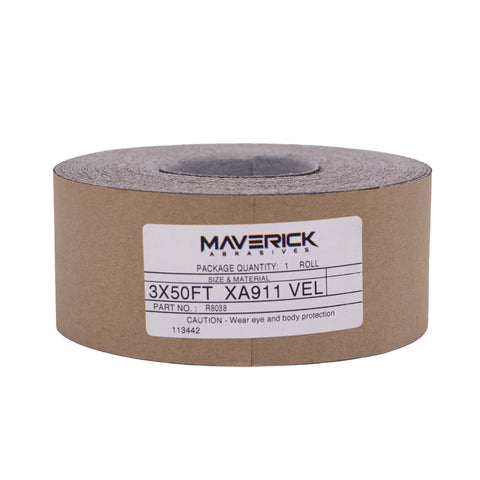 50-foot drum sander roll with durable hook and loop backing by Maverick Abrasives, ideal for woodworking and metalworking.