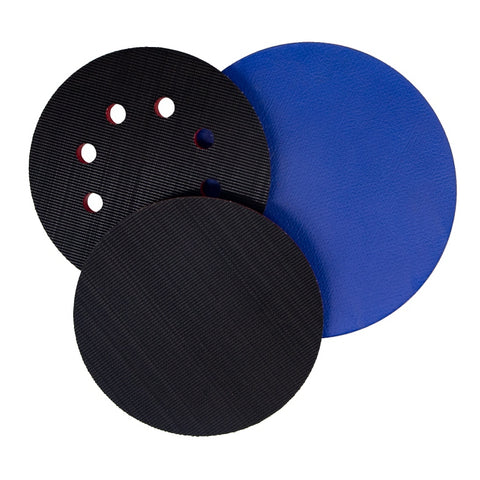 Variety of back-up pads for sanding discs, featuring velcro and PSA types with different rubber hardness and hole patterns.