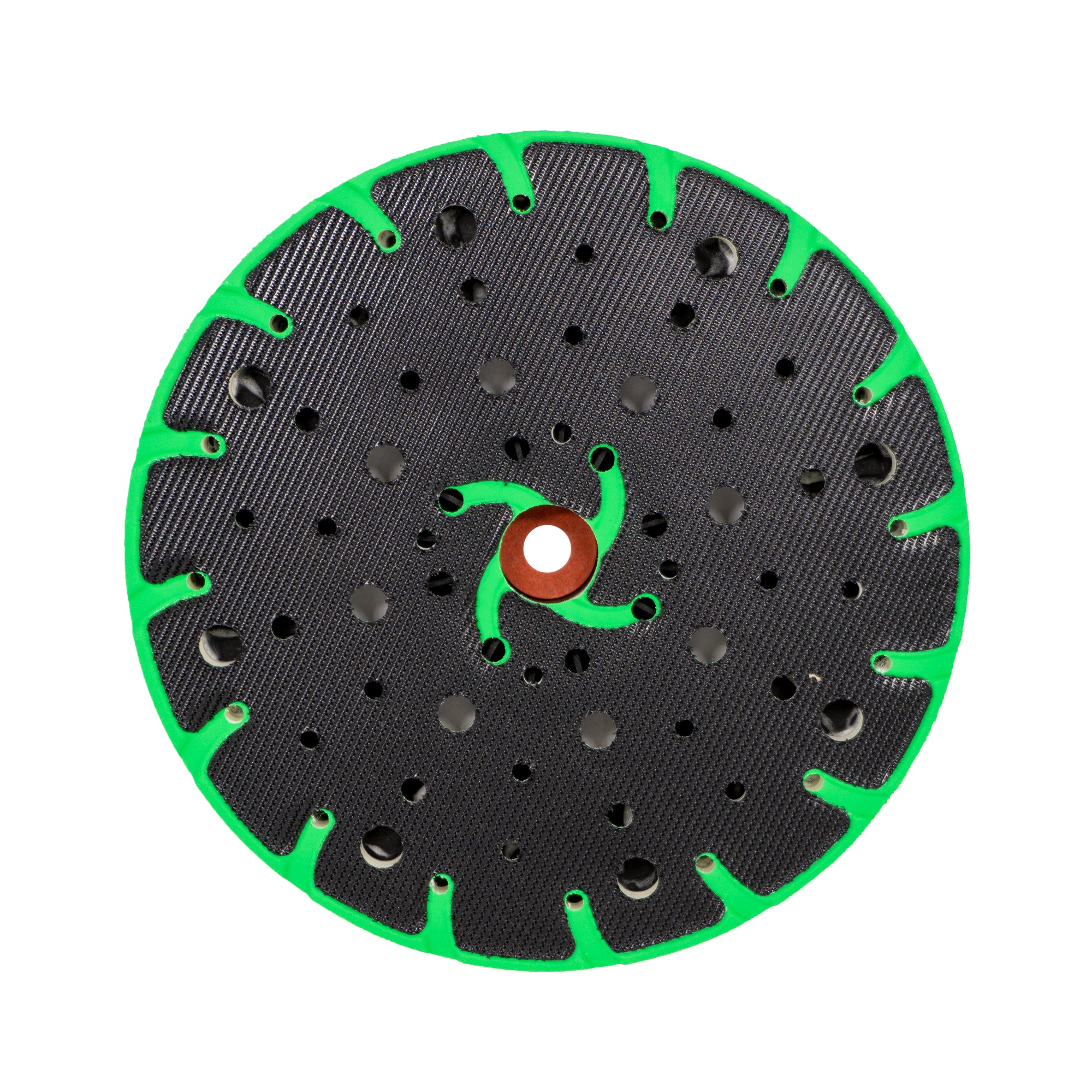 Variety of back-up pads for sanding discs, showing both velcro and PSA types with different rubber hardness and hole patterns.