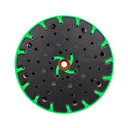 Variety of back-up pads for sanding discs, showing both velcro and PSA types with different rubber hardness and hole patterns.