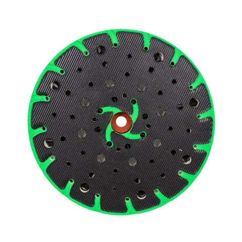 Variety of back-up pads for sanding discs, showing both velcro and PSA types with different rubber hardness and hole patterns.
