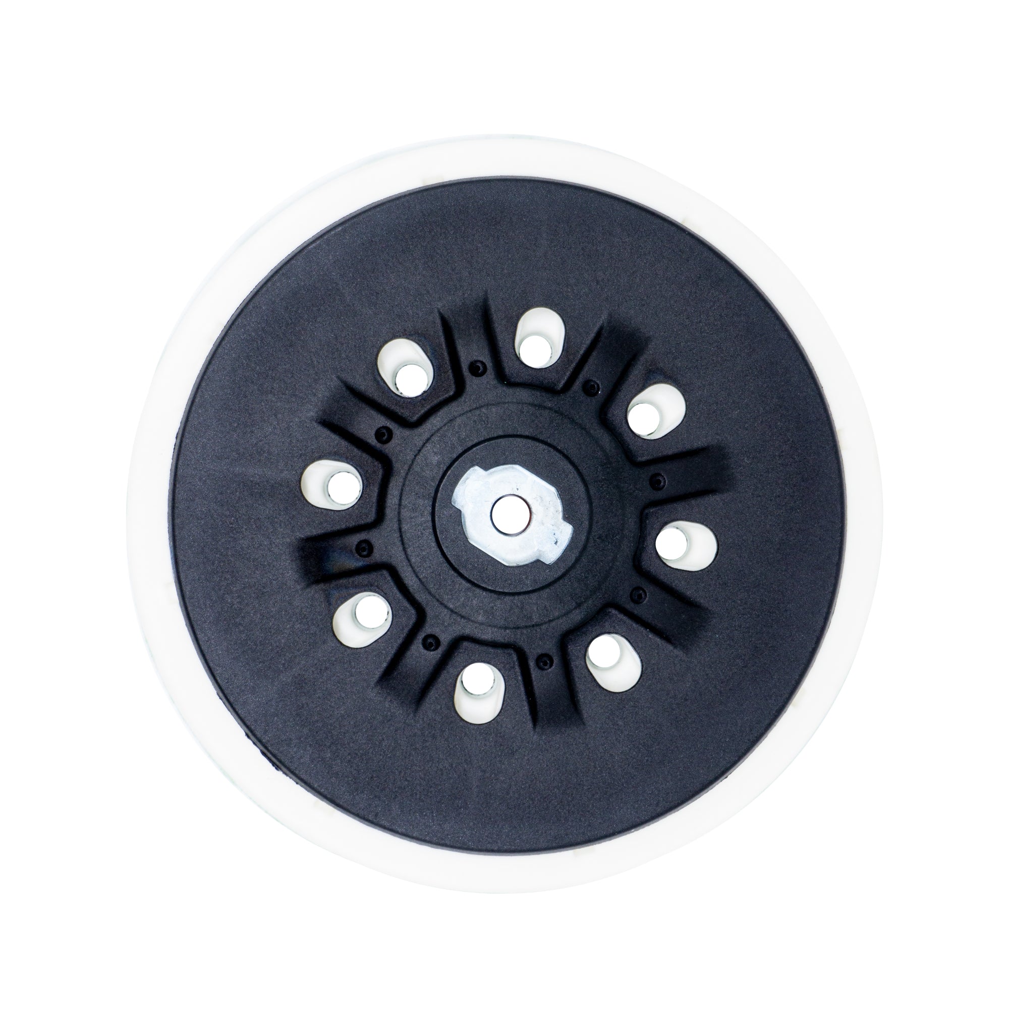 Assorted back-up pads for sanding discs with velcro and PSA, featuring various rubber hardness and hole patterns.