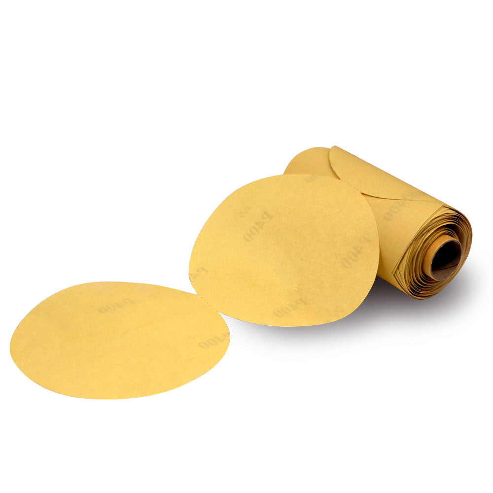 Alt text: 6-inch PSA sanding discs with aluminum oxide grains and sticky back, ideal for wood and metal finishing.