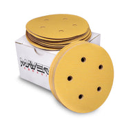 Box of 50 Maverick Abrasives 5-inch Hook & Loop Sanding Discs with universal hole pattern for orbital sanders.