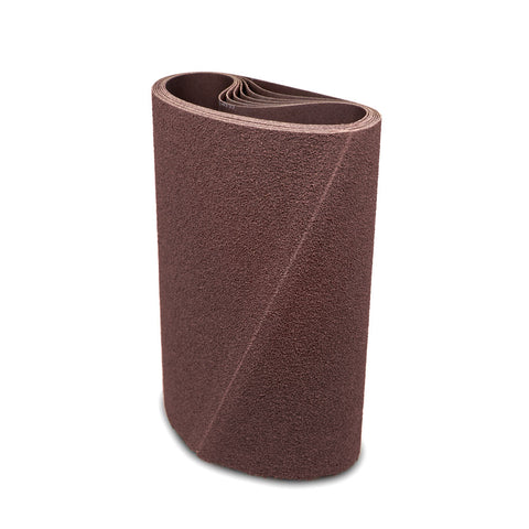 Pack of two 43 x 85 sanding belts in aluminum oxide and zirconia for diverse surface finishing.