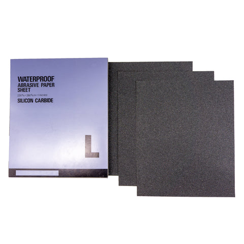 Alt text: Variety of 9x11 inch sanding sheets for woodworking and metalworking, including aluminum oxide and silicon carbide options.