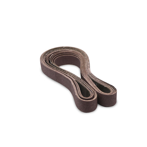 Alt text: Pack of 6 versatile 2 x 72 sanding belts in various materials including aluminum oxide and ceramic, suitable for metal and wood.