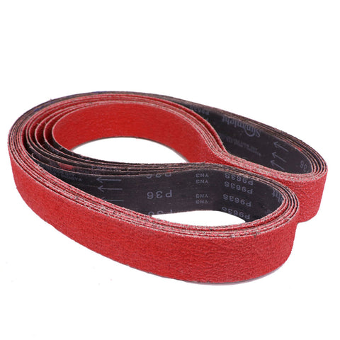 Pack of six 2x72-inch sanding belts in various materials including aluminum oxide and ceramic, suitable for metal and wood.