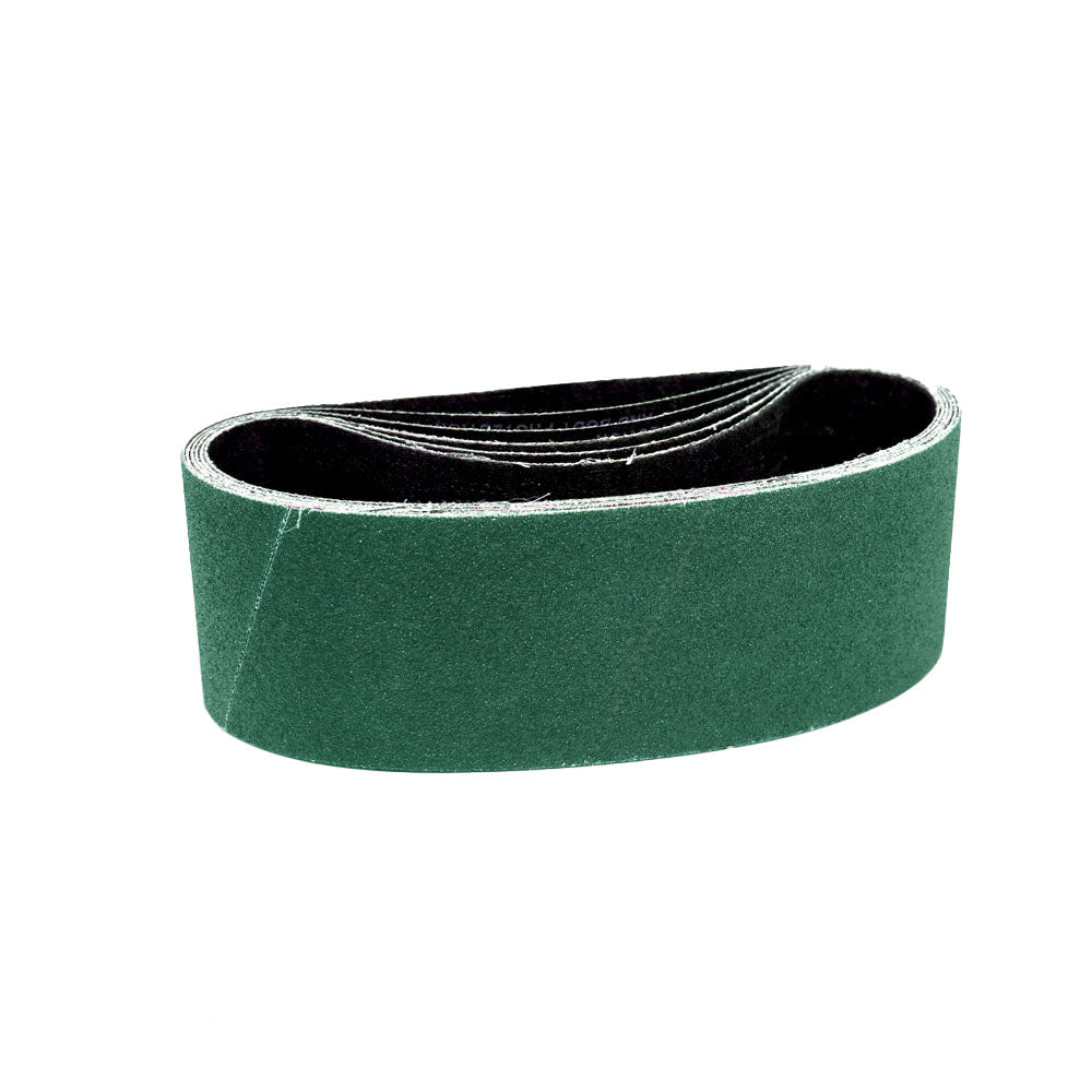 Pack of 9 Maverick Abrasives 4x36-inch sanding belts in various grits for wood and metal finishing.