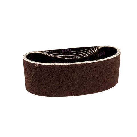 Pack of four 13-3/4 x 78-3/4 sanding belts in brown, green, and red, suitable for wet and dry use.