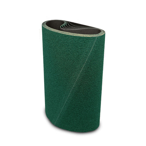 Two-pack of 37 x 103 wide sanding belts in aluminum oxide and zirconia, suitable for various surfaces and heavy stock removal.