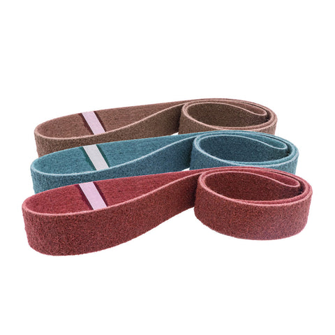 Pack of four 2-1/2 x 60 non-woven surface conditioning belts in coarse brown, medium maroon, fine blue, and ultra-fine grey.