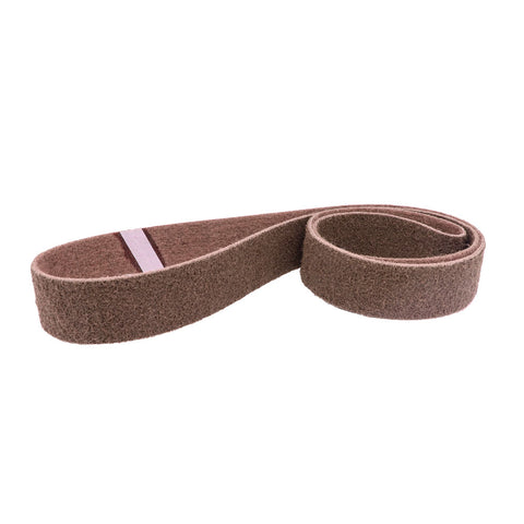 Pack of four 2-1/2 x 60 non-woven surface conditioning belts in brown, maroon, blue, and grey for various grit finishes.