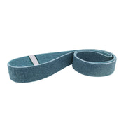 Pack of four 2-1/2 x 60 non-woven surface conditioning belts in brown, maroon, blue, and grey for metal finishing.