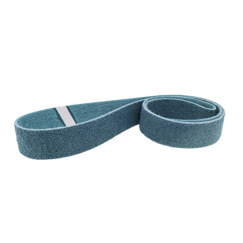 Pack of four 2-1/2 x 60 non-woven surface conditioning belts in brown, maroon, blue, and grey for metal finishing.