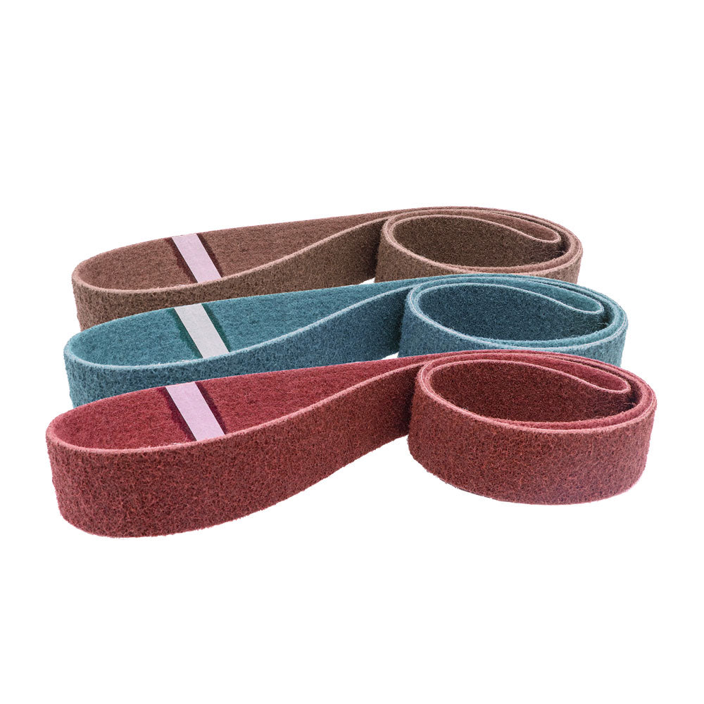 Alt text: Pack of 16 Maverick Abrasives 3/4 x 20-1/2 non-woven surface conditioning belts in assorted grits for metal finishing.