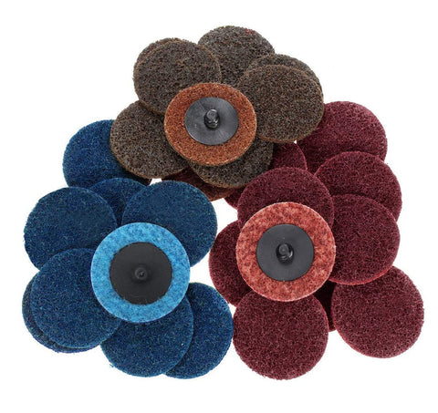 Pack of 25, 3-inch Rolloc Surface Conditioning Discs in coarse, medium, and fine grits for versatile use.