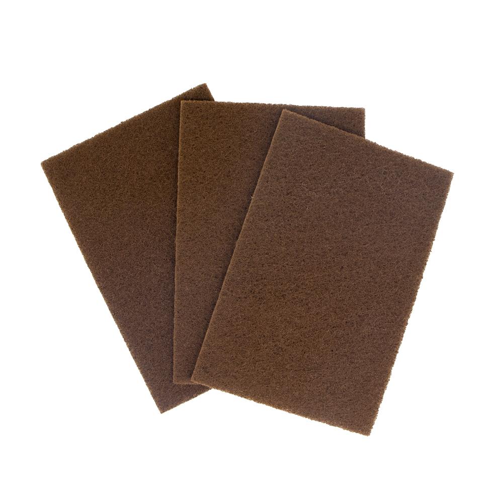 Alt text: Premium 6x9 abrasive hand pads in coarse brown, very fine maroon, and ultra fine grey, designed for easy hand sanding.