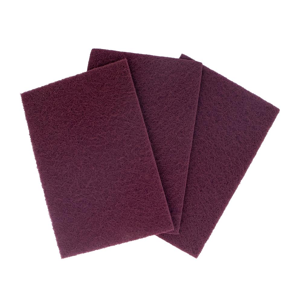 Alt text: A set of 6x9 premium abrasive hand pads in coarse brown, very fine maroon, and ultra fine grey.