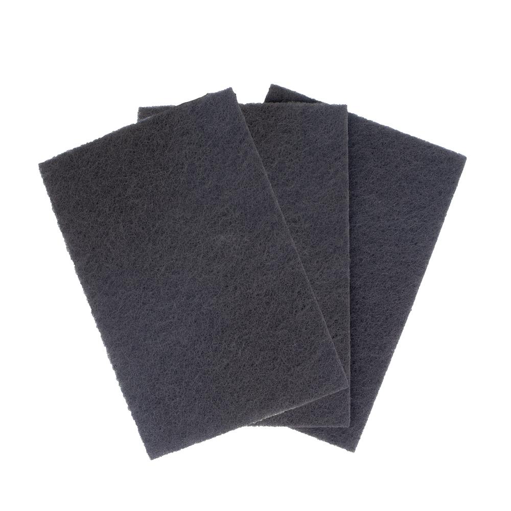 Three 6 x 9 premium abrasive hand pads in coarse brown, very fine maroon, and ultra fine grey.